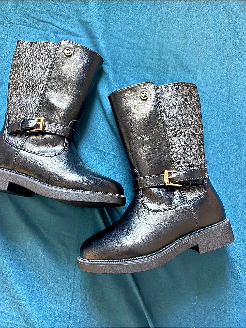 Michael Kors Girls Black MK Monogram Boots Size 9 Gold Buckle